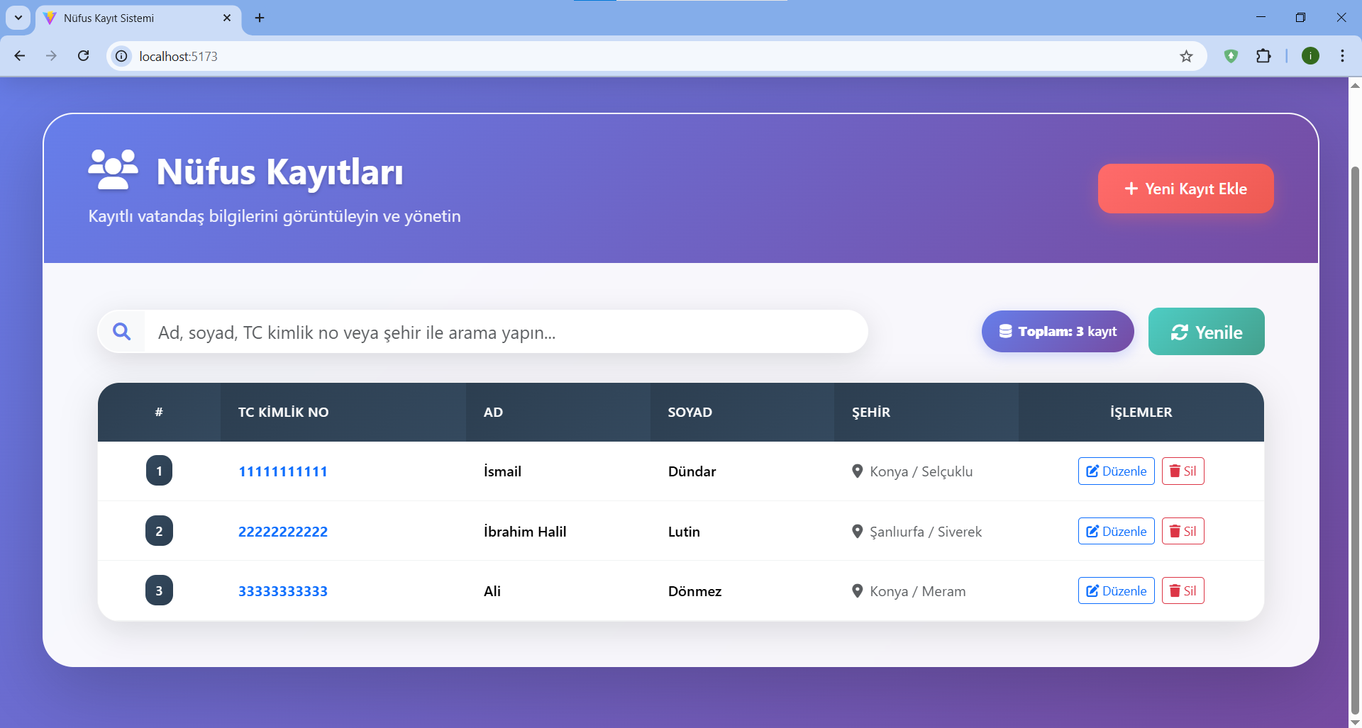 Nüfus Kayıt Sistemi - Spring Boot & React.js